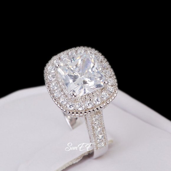 New 925 Halo Cushion Cut Wedding Rings Engagement Ring Set - Picture 4 of 5